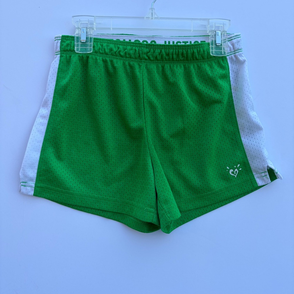 Justice Girls Green Athletic Shorts White Side Stripe Logo Waistband Size 10